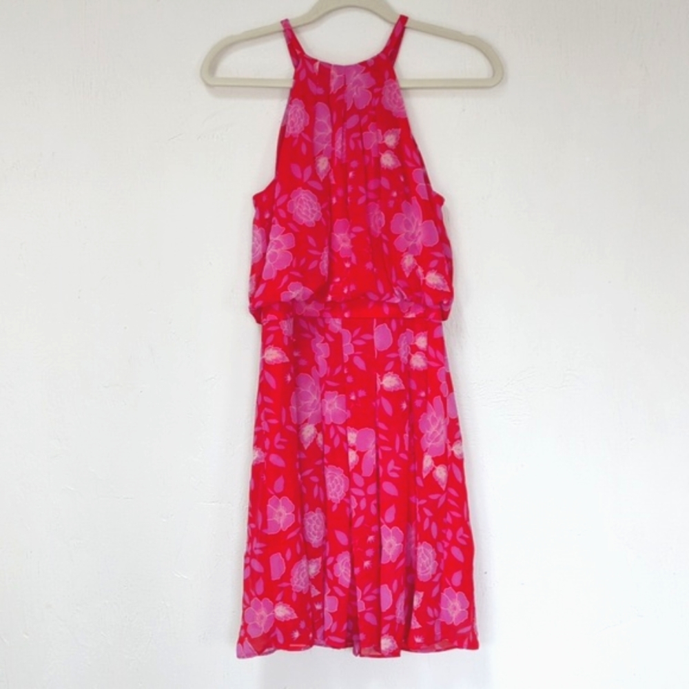Eliza J Dress Red & Pink Floral Halter Lined Chiffon Size 4 NWOT